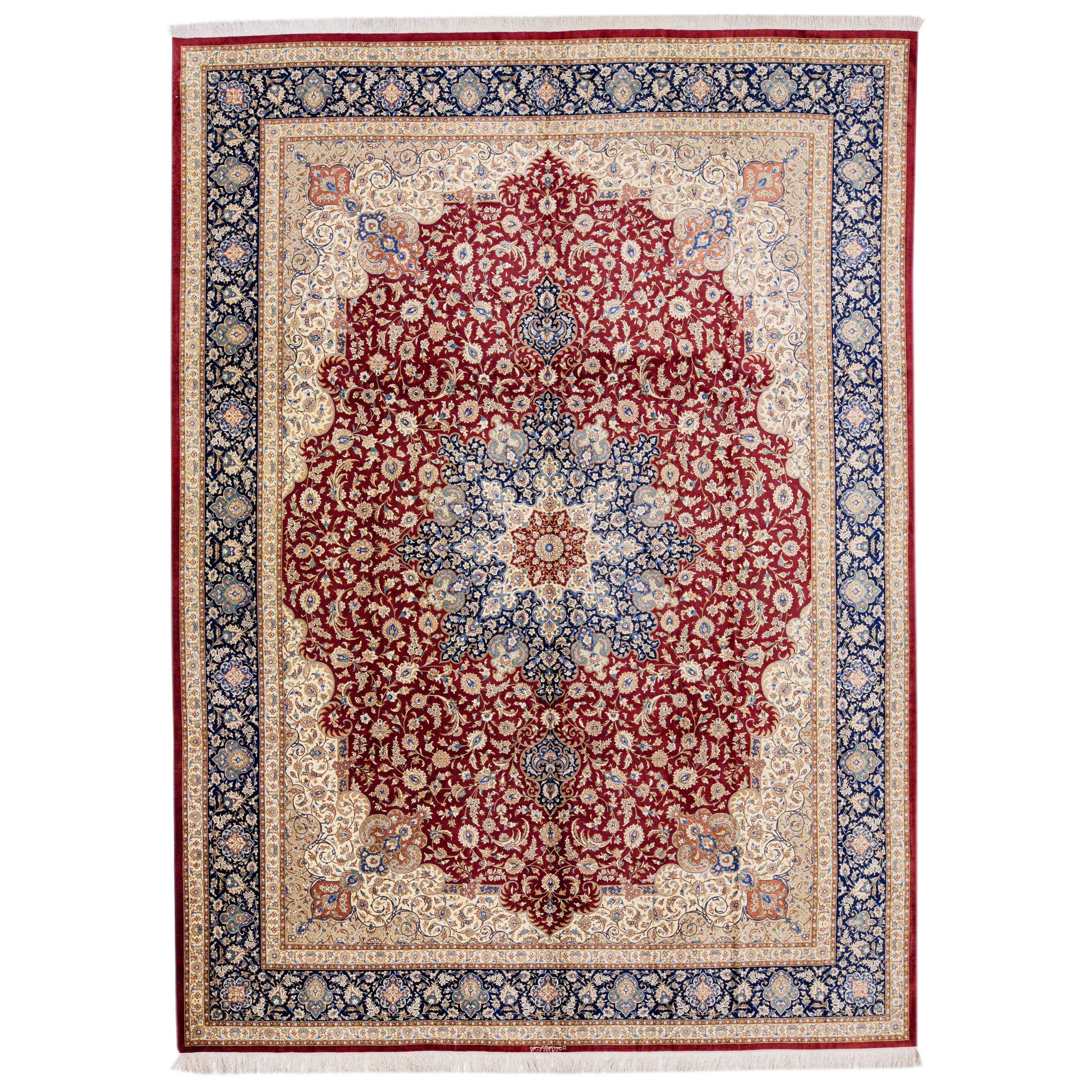 Red Handmade Antique Persian Ghoum Wool & Silk Rug with Medallion Motif For Sale