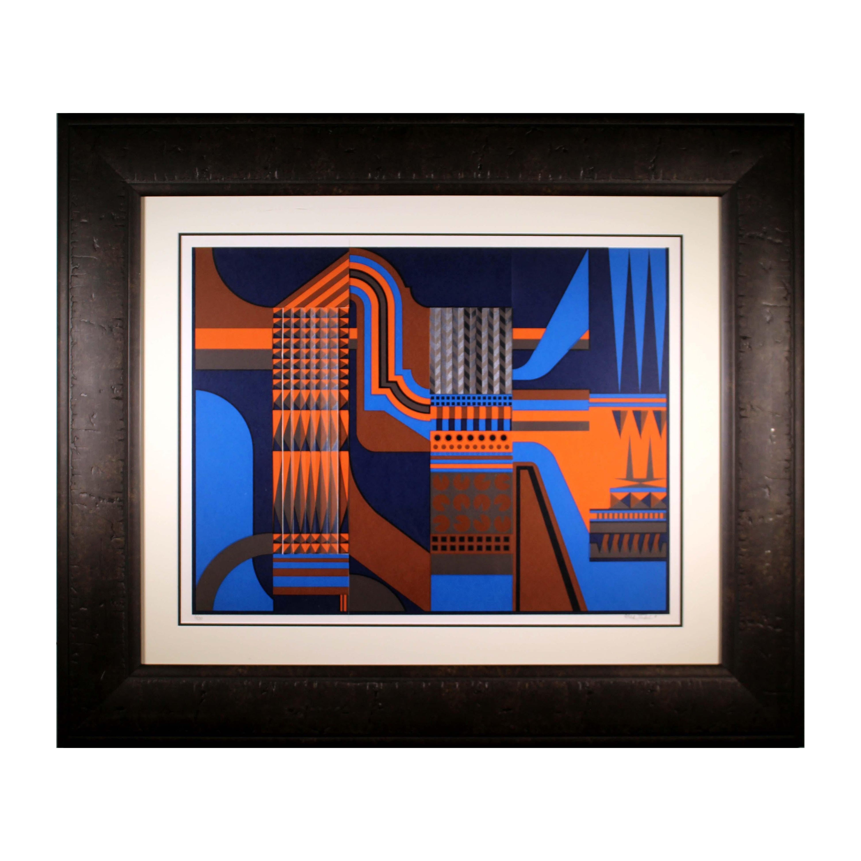 Sérigraphie 3D géométrique abstraite et postmoderne de Rick Tunkel encadrée, 1981