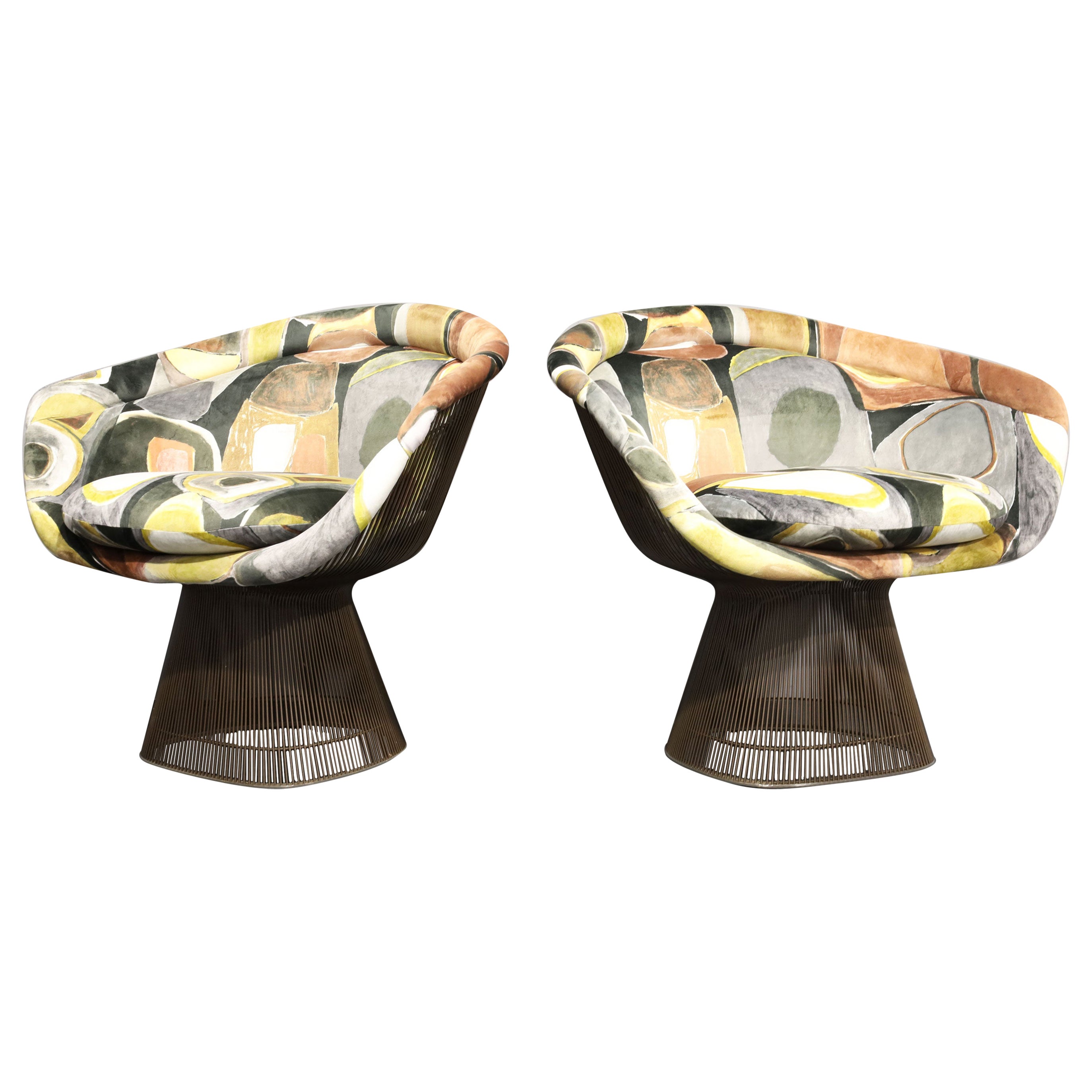 Pair of 1960s Bronze Warren Platner Lounge Chairs, New Upholstery For Sale