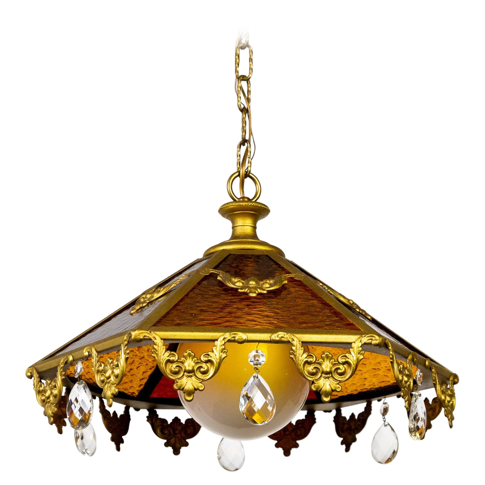 Paneled Amber Glass Pendant Light w/ Crystal Accents For Sale