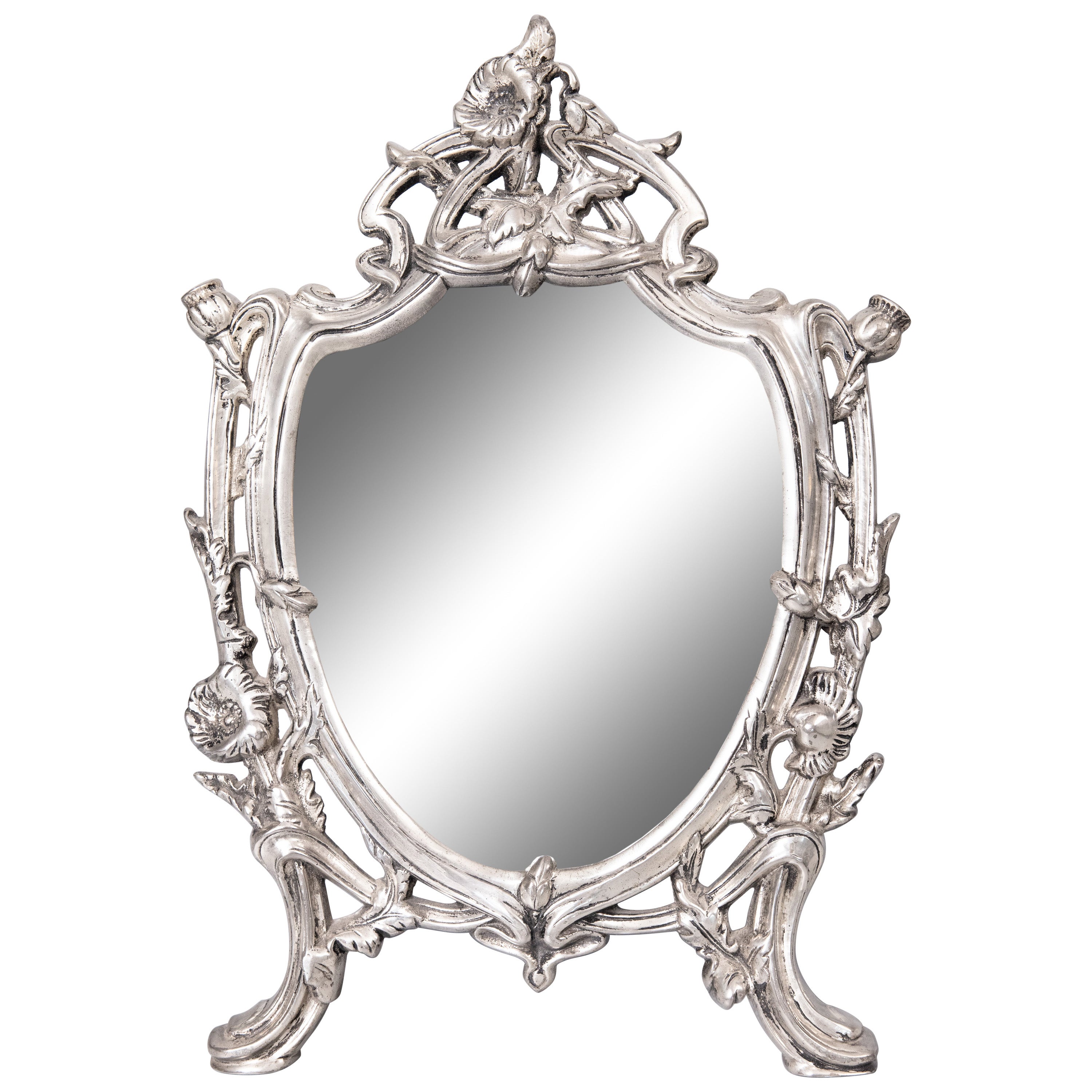 French Art Nouveau Silver Plate Dresser Vanity Table Easel Back Mirror, c. 1900