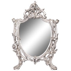 Used French Art Nouveau Silver Plate Dresser Vanity Table Easel Back Mirror, c. 1900