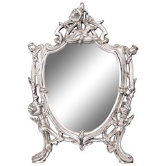 Vintage French Art Nouveau Silver Plate Dresser Vanity Table Easel Back Mirror, c. 1900