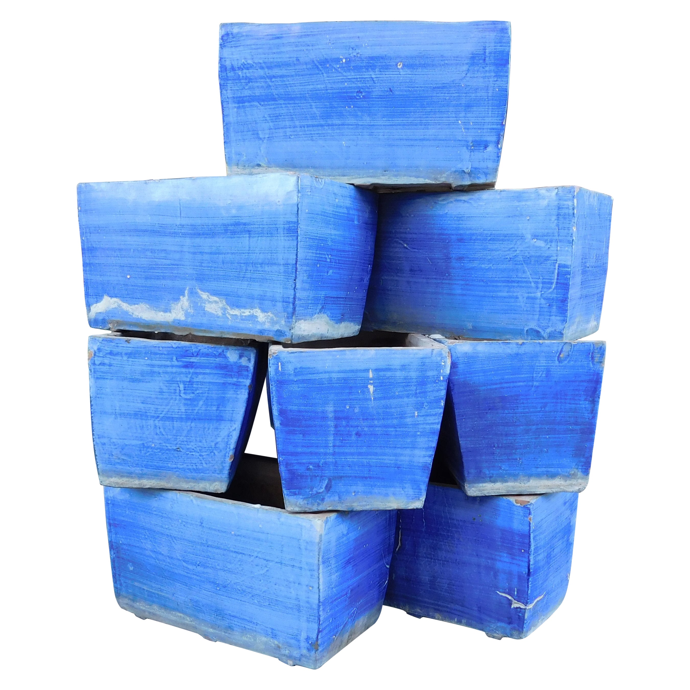 Set of 11 Blue Glazed Terracotta Vases, 1930s, Italy