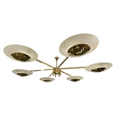 Italian Modernist Chandelier in Brass with Six Arms and White Shades, circa 1980