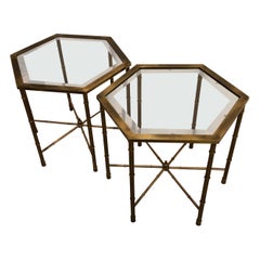 Cool Pair of Octagonal Mastercraft Mid Century Modern Brass & Glass End Tables