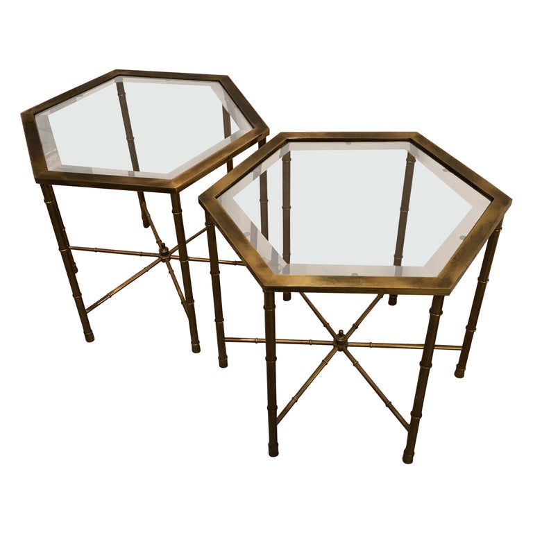 Cool Pair of Octagonal Mastercraft Mid Century Modern Brass and Glass