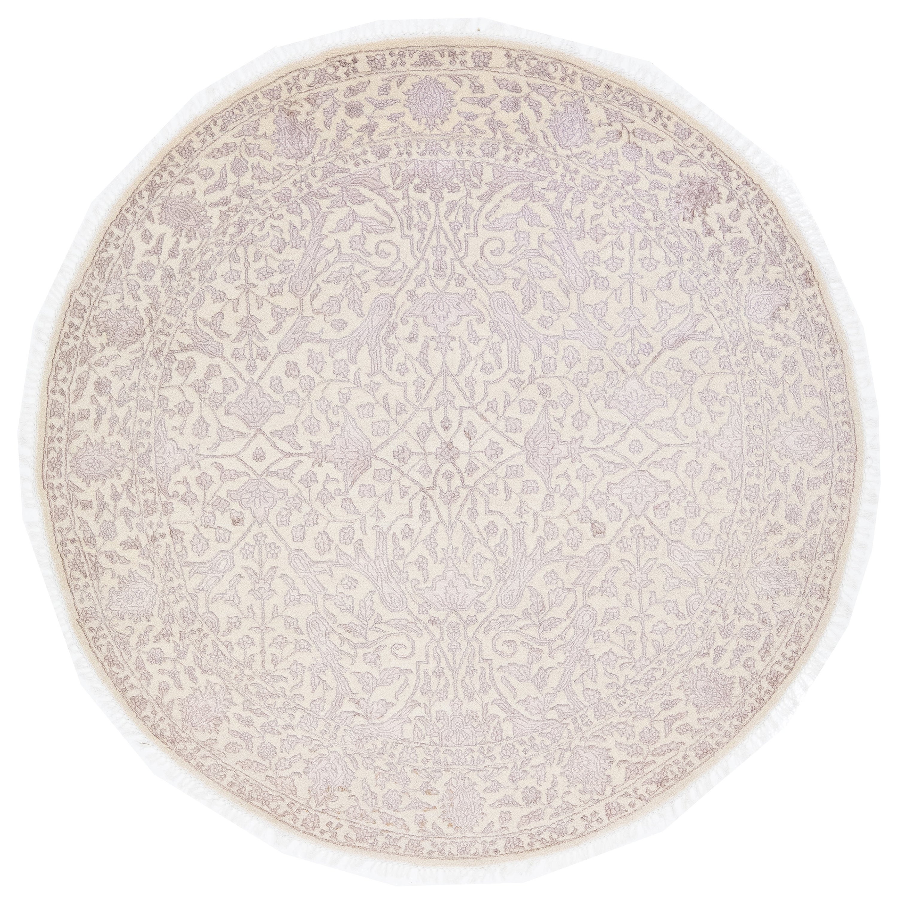 Modern Floral Handmade Indian Wool and Silk Round Rug in Rose