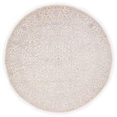 Modern Floral Handmade Indian Wool and Silk Round Rug in Rose