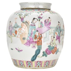 Antiguo jarrón de jengibre de porcelana china Qing con tapa de rosa familiar