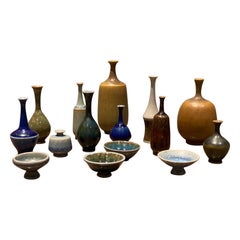 Höganäs, Set of 15 Stoneware Miniature Vases and Bowls, Signed, Sweden, 1960s