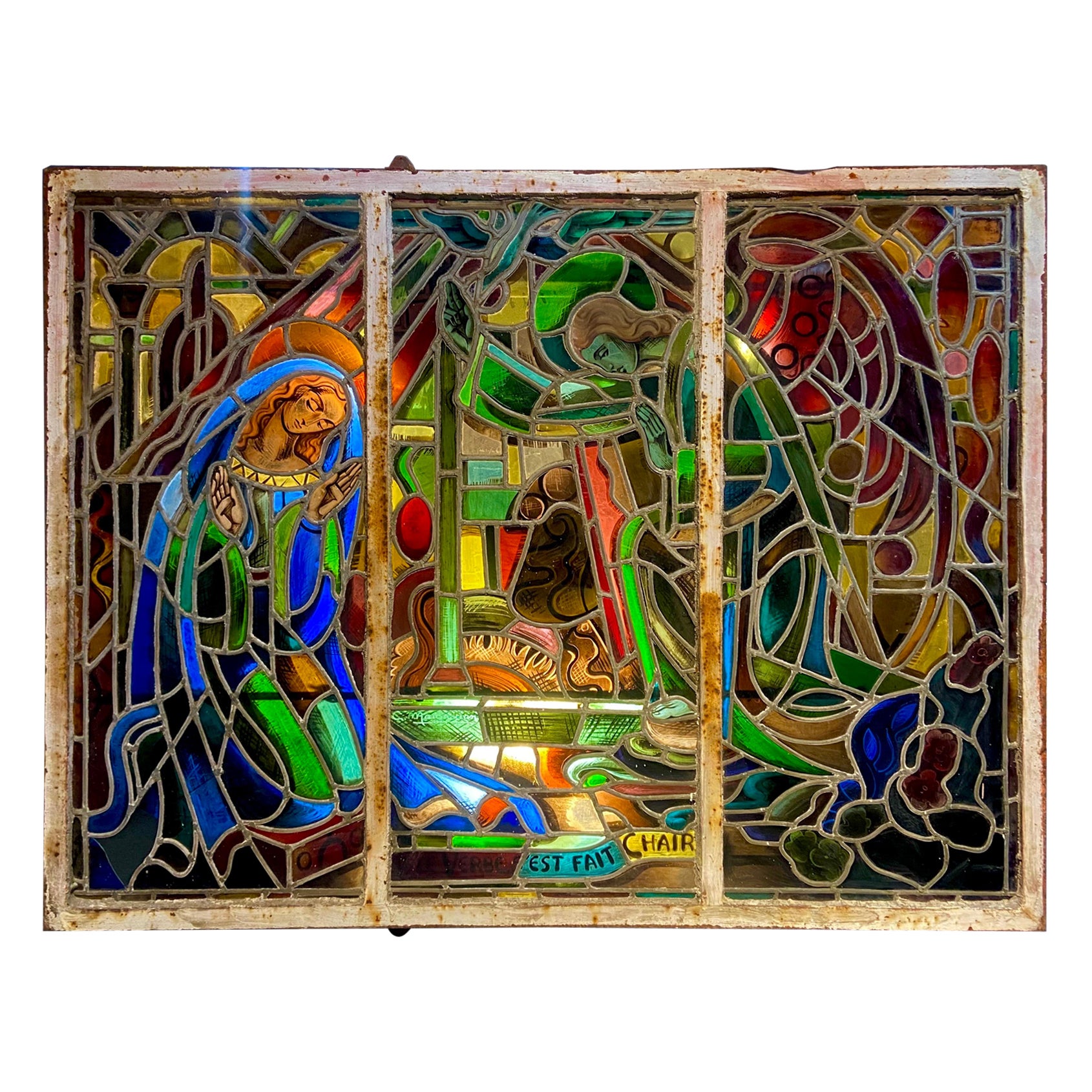 Exceptional Stained Glass Window by Mauméjean Masters Scene from Annunciation For Sale