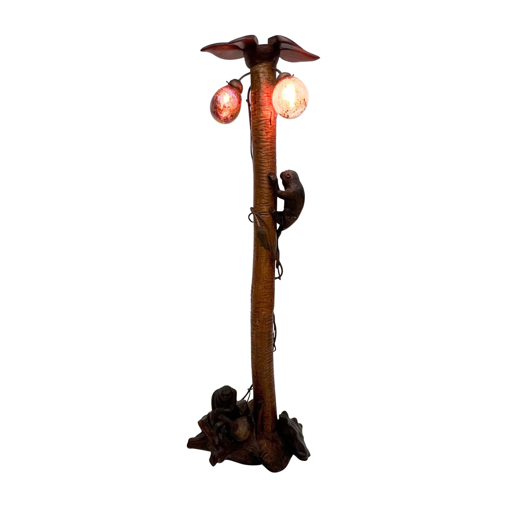 1984 John Barber exotic art glass floor lamp monkey ape tree natural habitat art
Copper metal solid hand carved wood art glass.
Handcrafted in the style of Mario Lopes Torres
Artist signed, difficult to read.
Measures: 74 tall x 25 wide x 19