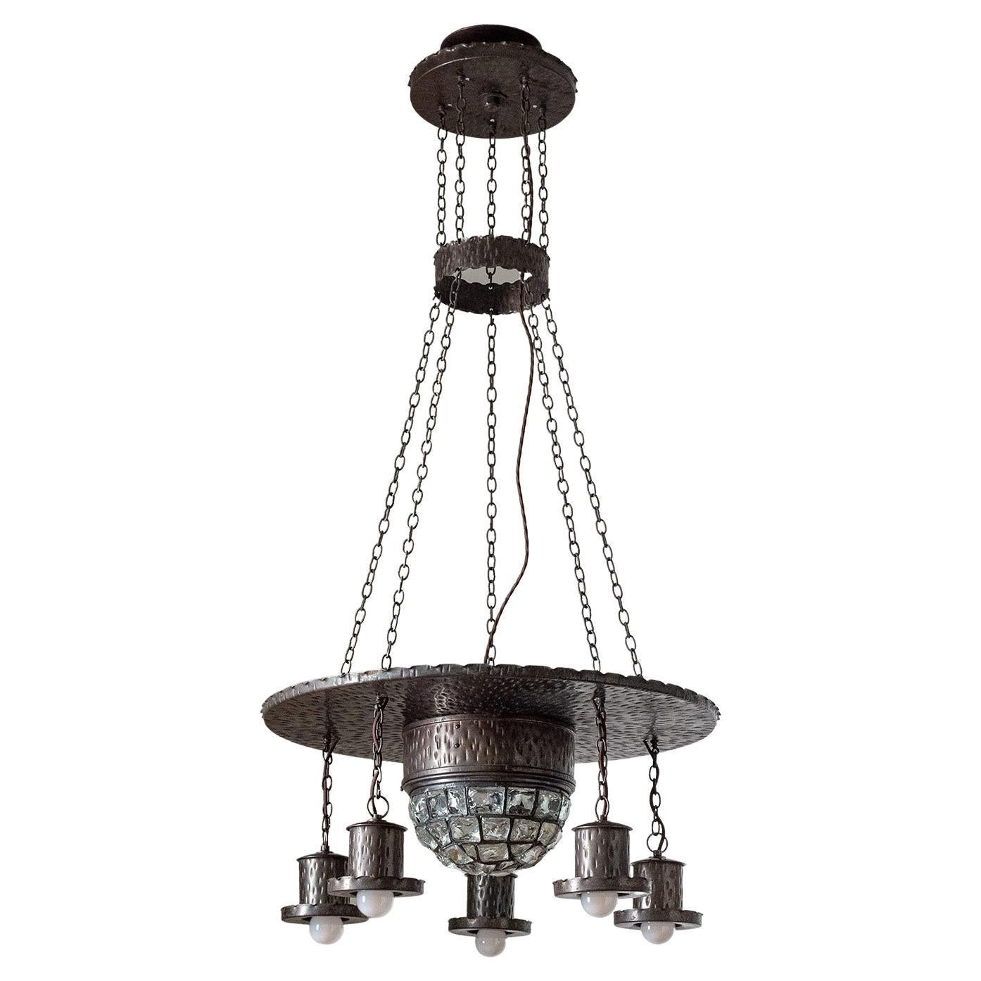 Wrought Iron Suspension Chandelier, circa 1920 For Sale