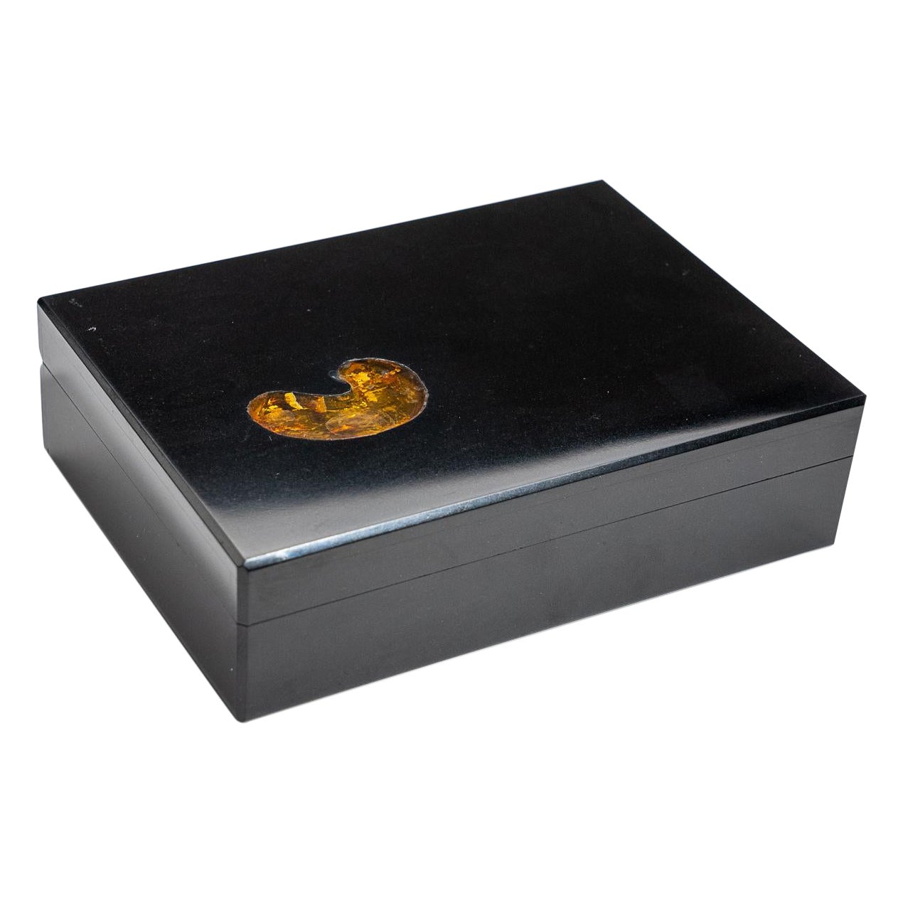 Boîte en onyx noir véritable avec bijoux en ambre (1,25 de hauteur, 1,5 lbs.) en vente