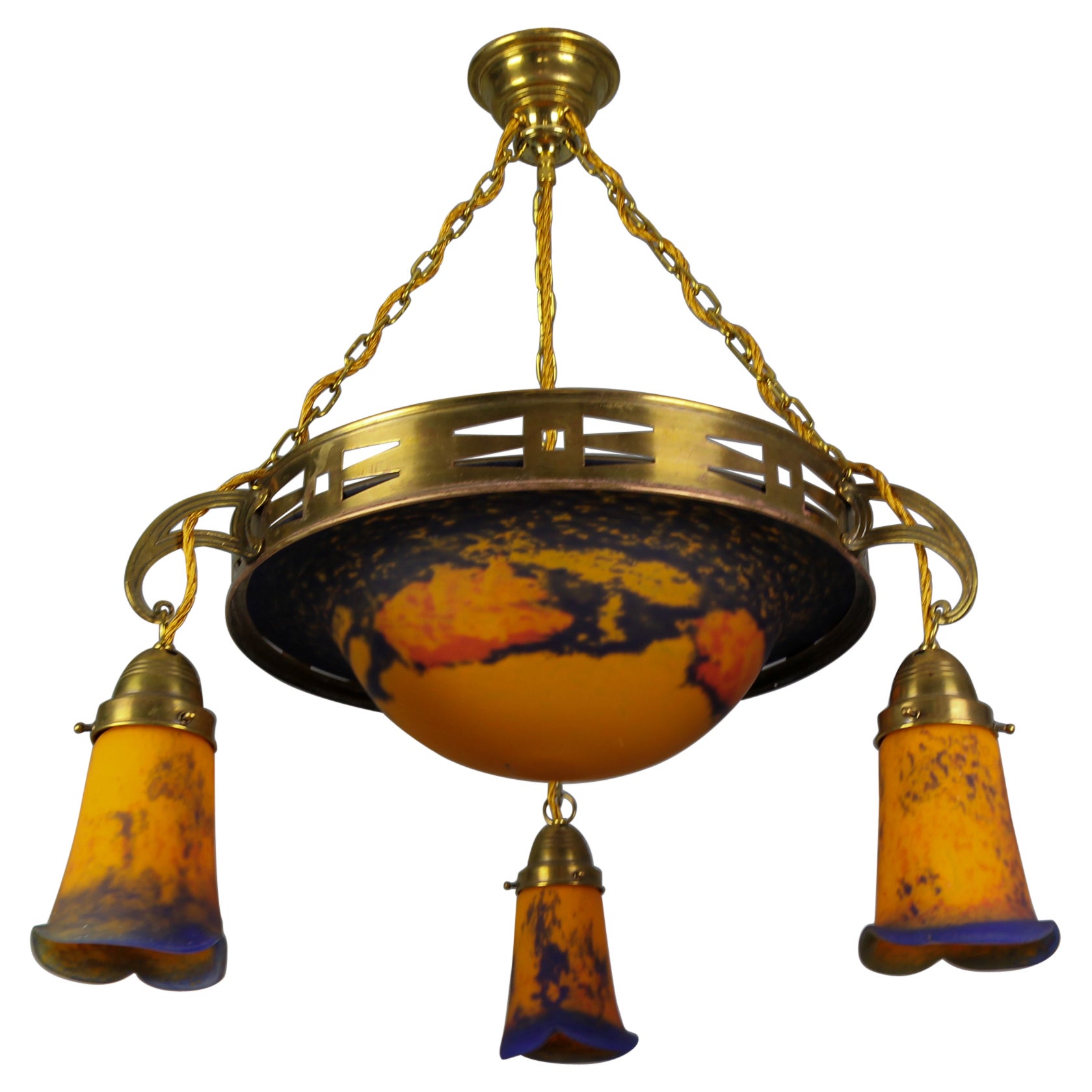 French, Art Nouveau Brass Chandelier with Pâte De Verre Glass by Noverdy, 1920s For Sale