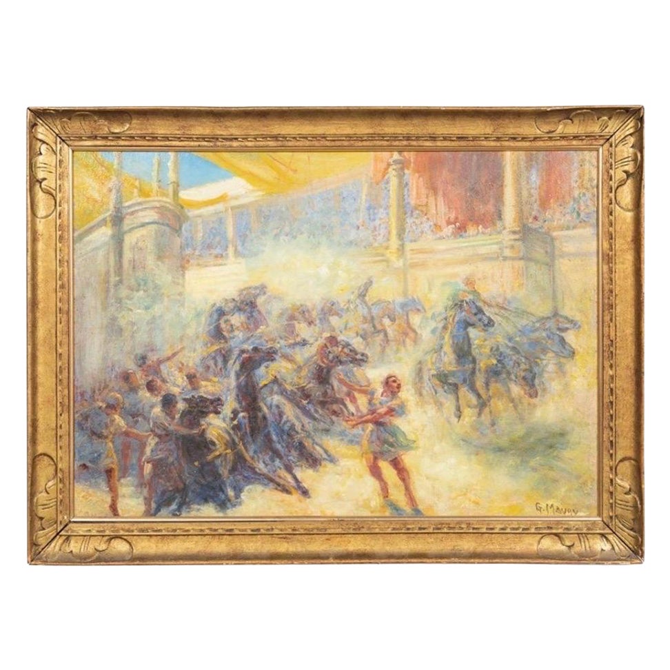 Antique Georges Maury French Impressionist “Chariot Race” Oil on Canvas