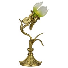 Antique French Art Nouveau Gilt Bronze and Glass Iris-Shaped Table Lamp