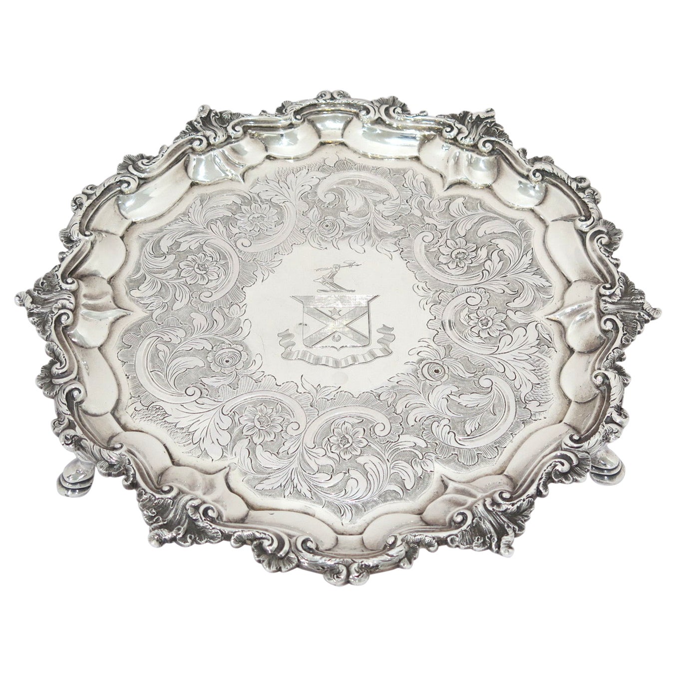 Sterling Silver Antique English 1752 Floral Heraldic Insignia Footed Tray
