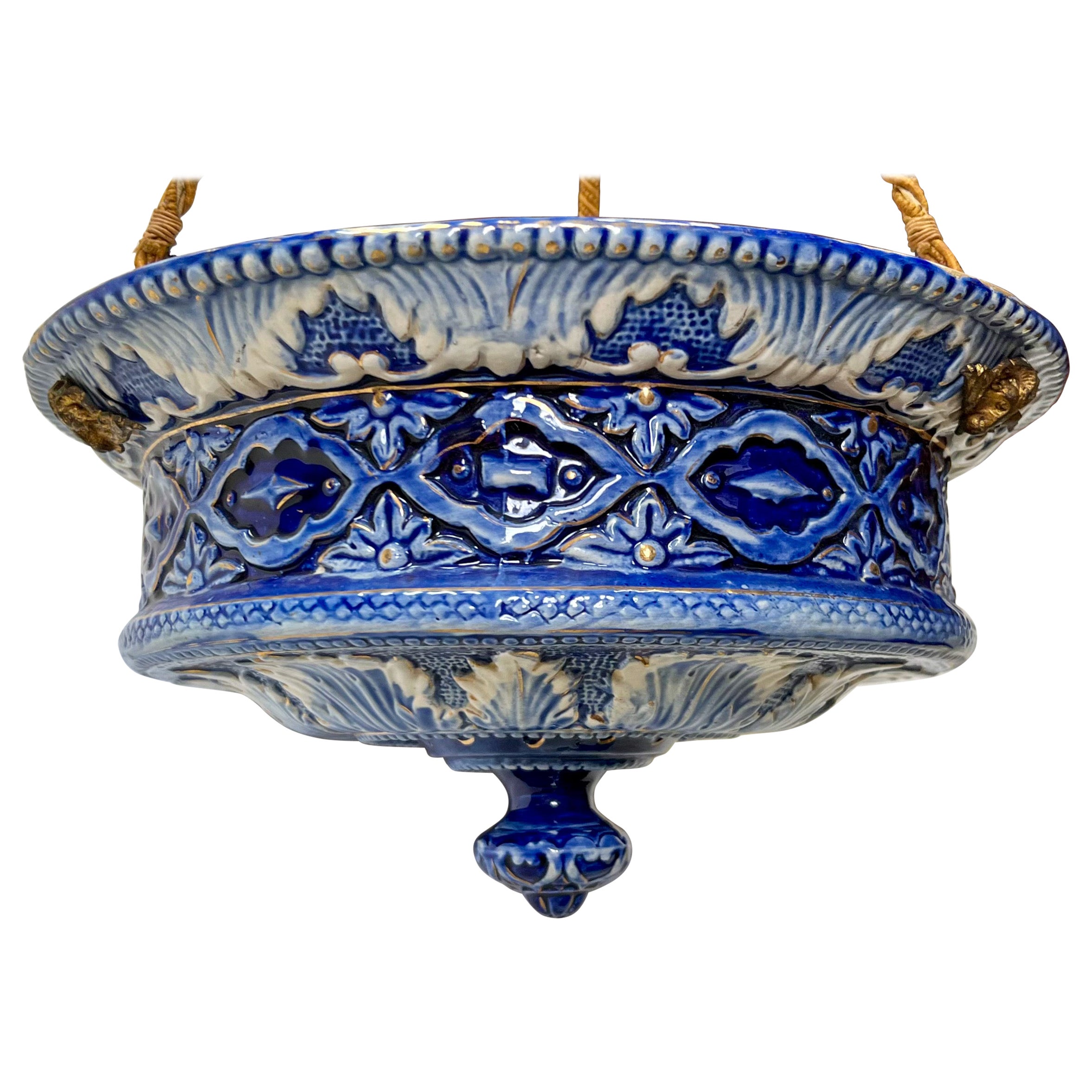 Victorian Blue & White Faience Majolica Glazed Pottery Light / Chandelier  For Sale