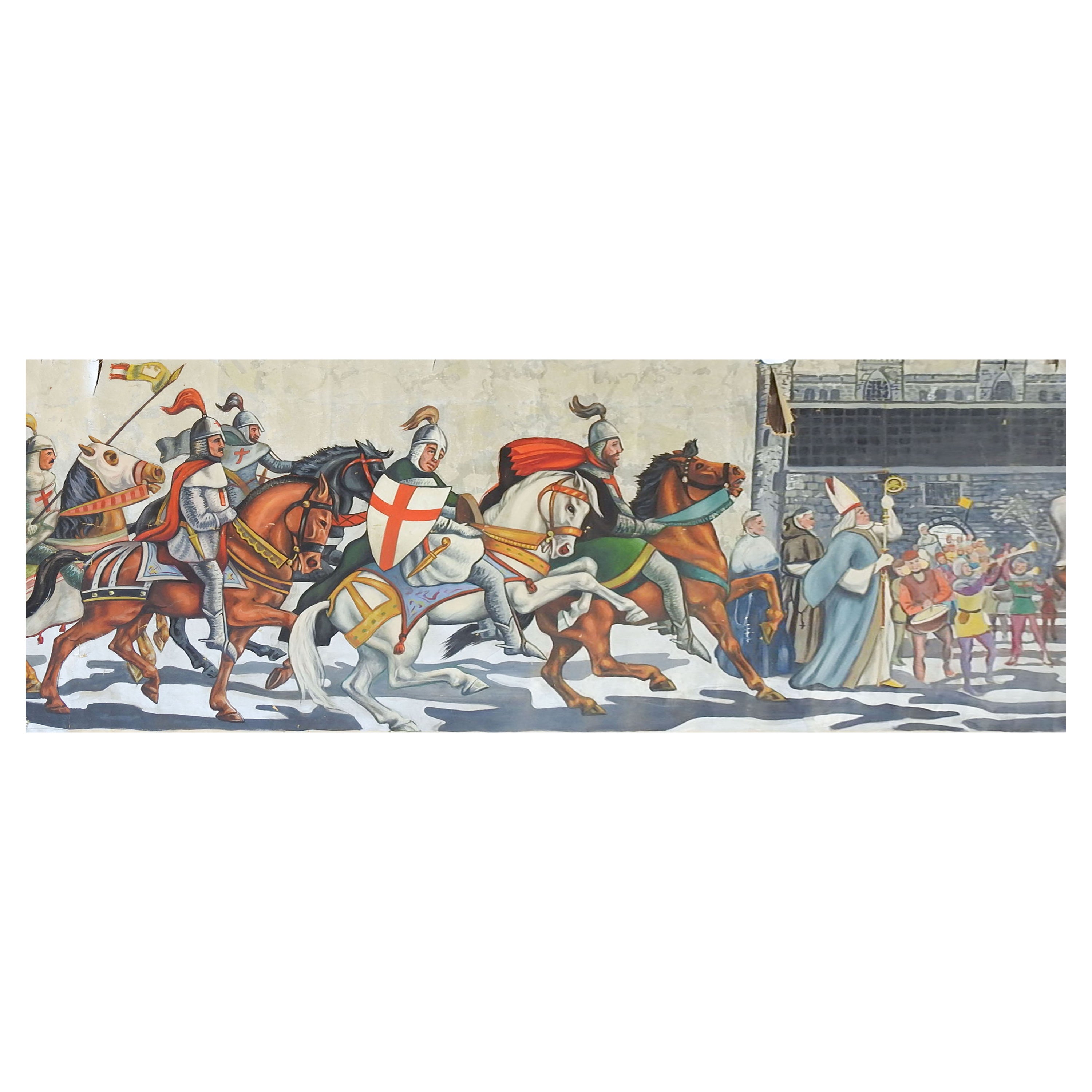 Vintage Mid Century Knights & Horses Procession Mural Painting
