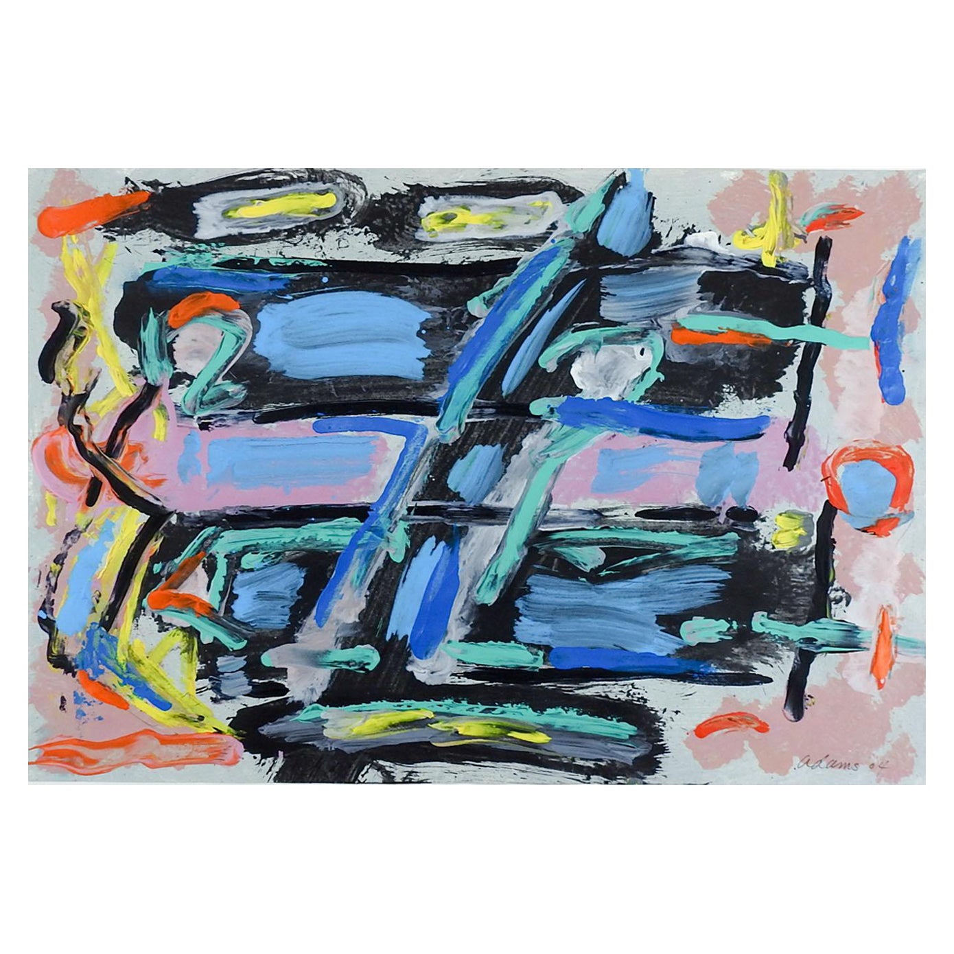 Abstract Blue, Black & Pink Painting on Paper For Sale