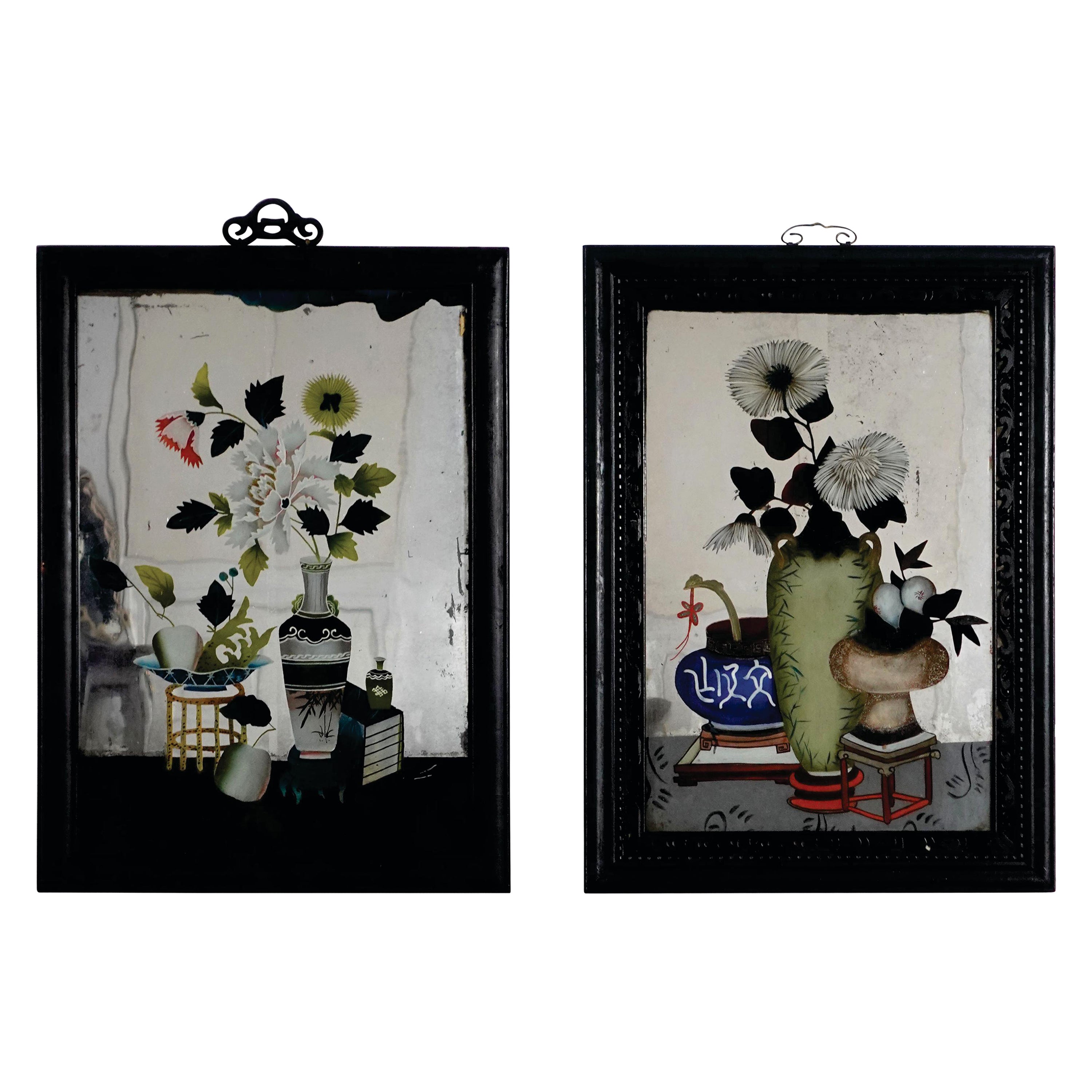 Pair of Chinese Export Reverse Paintings on Mirrors, Still Life#2