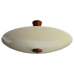Large & Top Condition 3 Light Midcentury Modern Glass Flush Mount with Teakwood