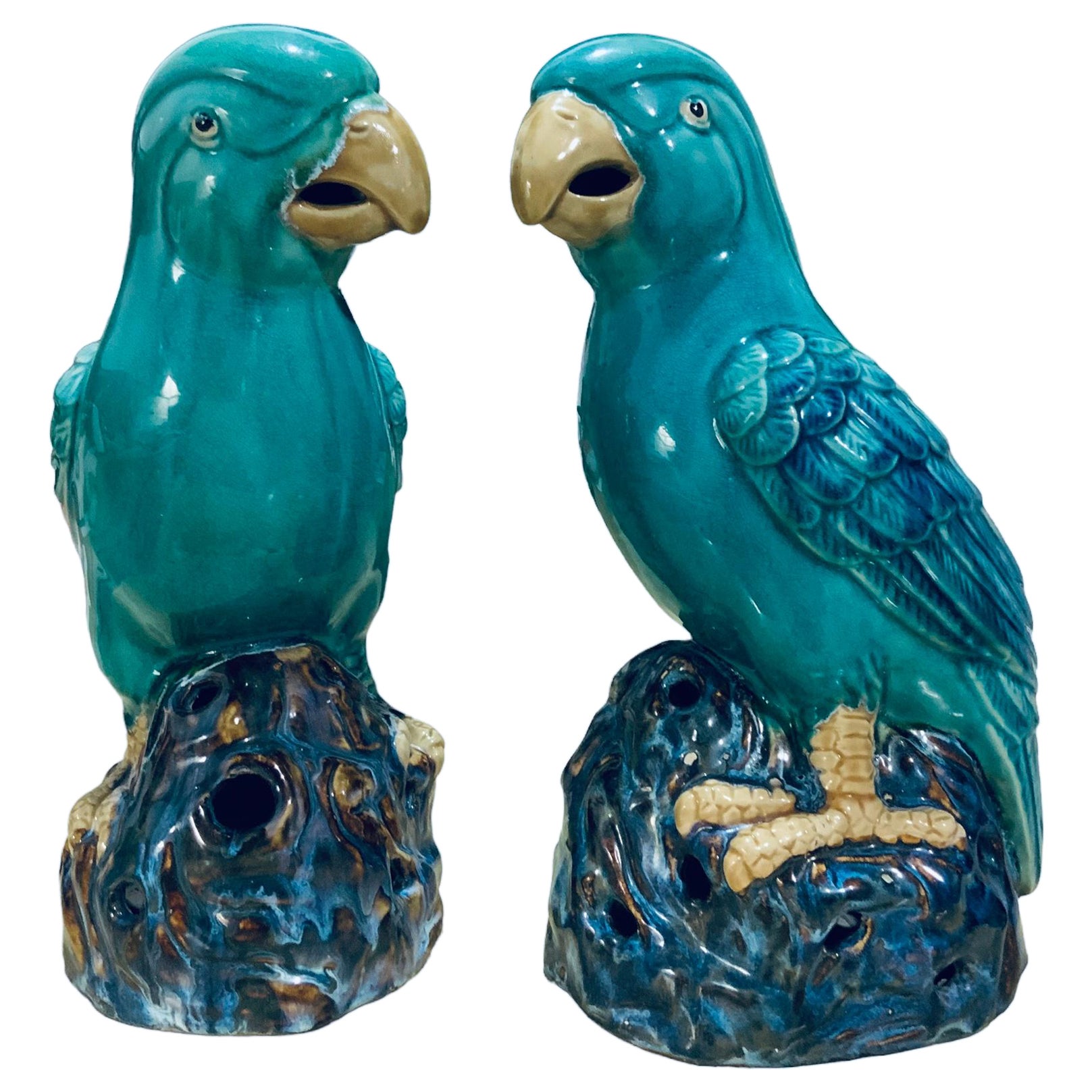Pair Of Hand Painted Chinese Ceramic Parrots
