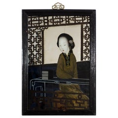 Grande peinture inversée ancienne d'exportation chinoise sur miroir