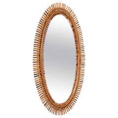 Midcentury French Riviera Oval Wall Mirror with Bamboo and Rattan Frame, 1960s