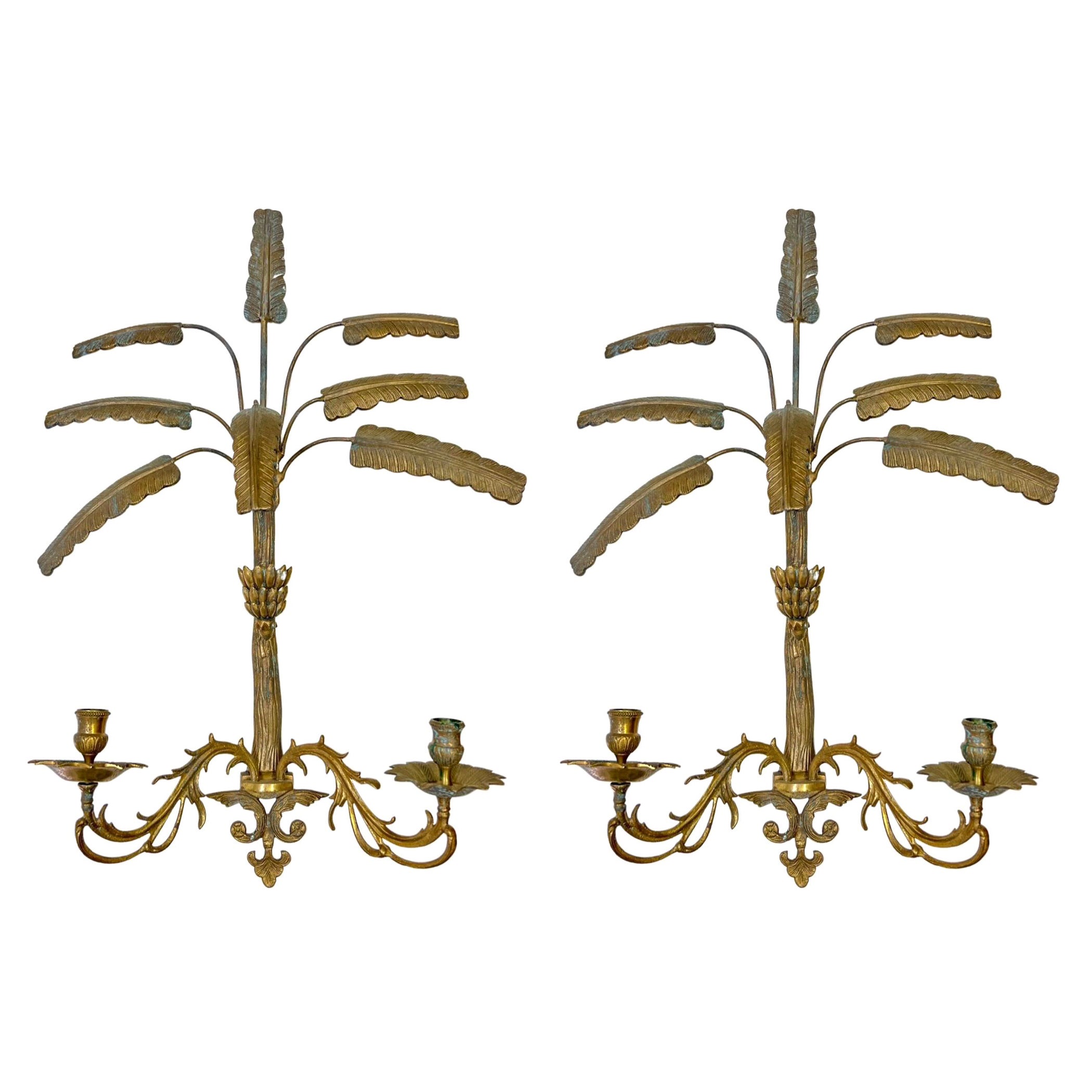 Mid-Century Hollywood Regency Brass Palm Leaf / Frond Sconces, Pair For Sale