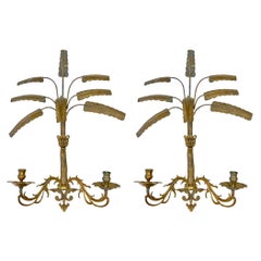 Mid-Century Hollywood Regency Brass Palm Leaf / Frond Sconces, Pair