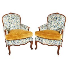 Antique Pair of Mid-19th Century Louis XV Style Bergère Armchairs with Modern Fabrics