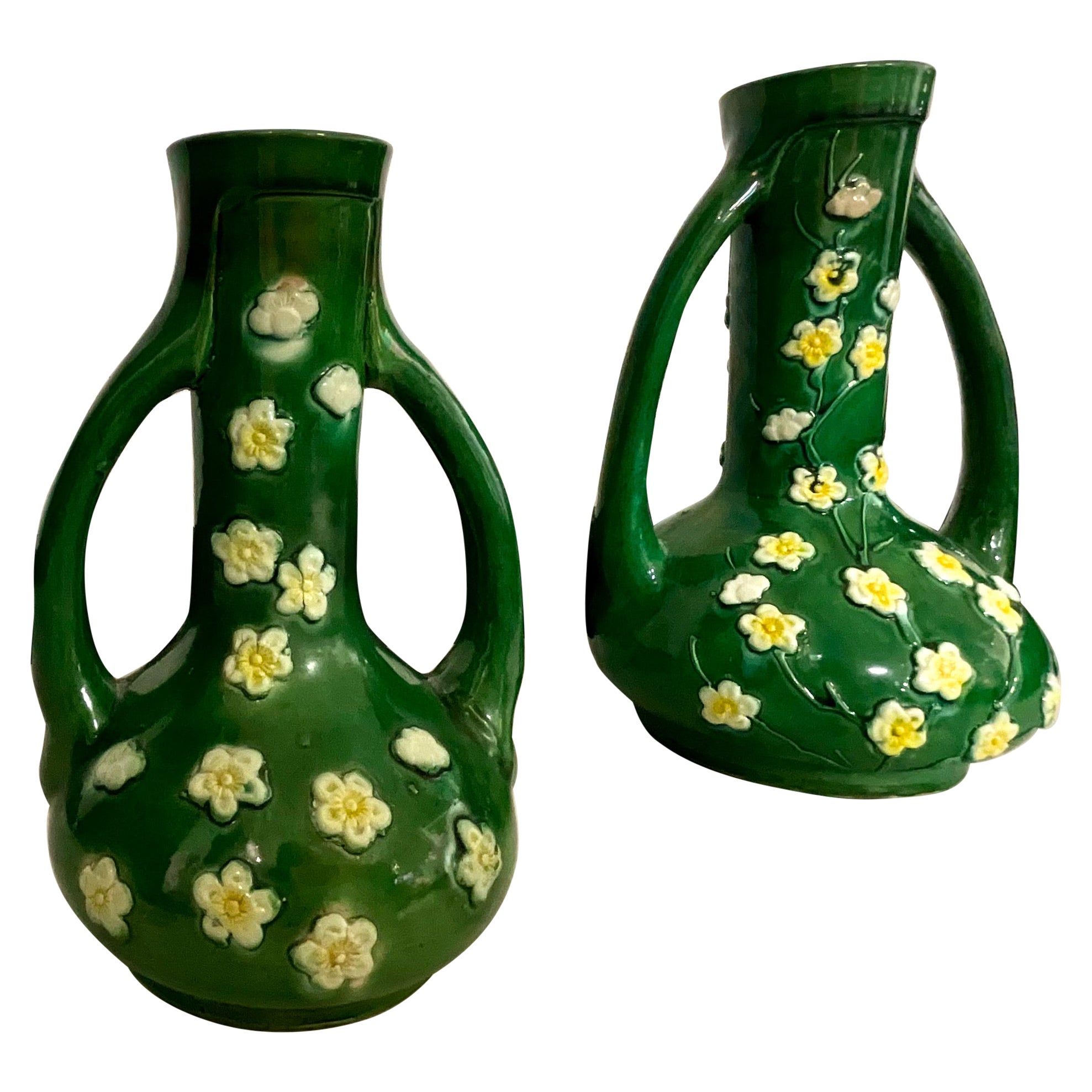 Mid-Century Chinese Export Style Green Pottery and Blossom Vases, S/2 For Sale