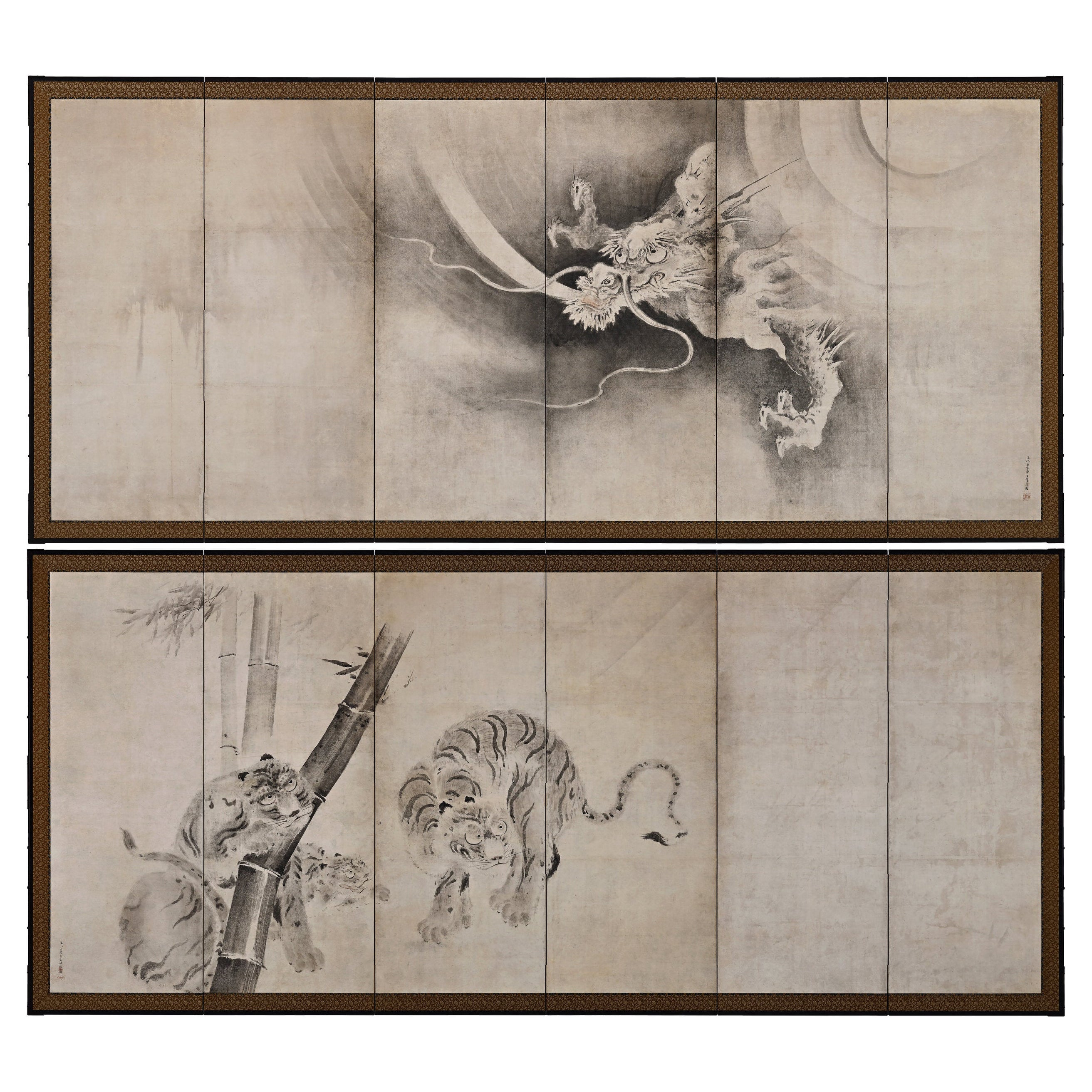 17th Century Japanese Screen Pair. Tiger & Dragon by Kaiho Yusetsu