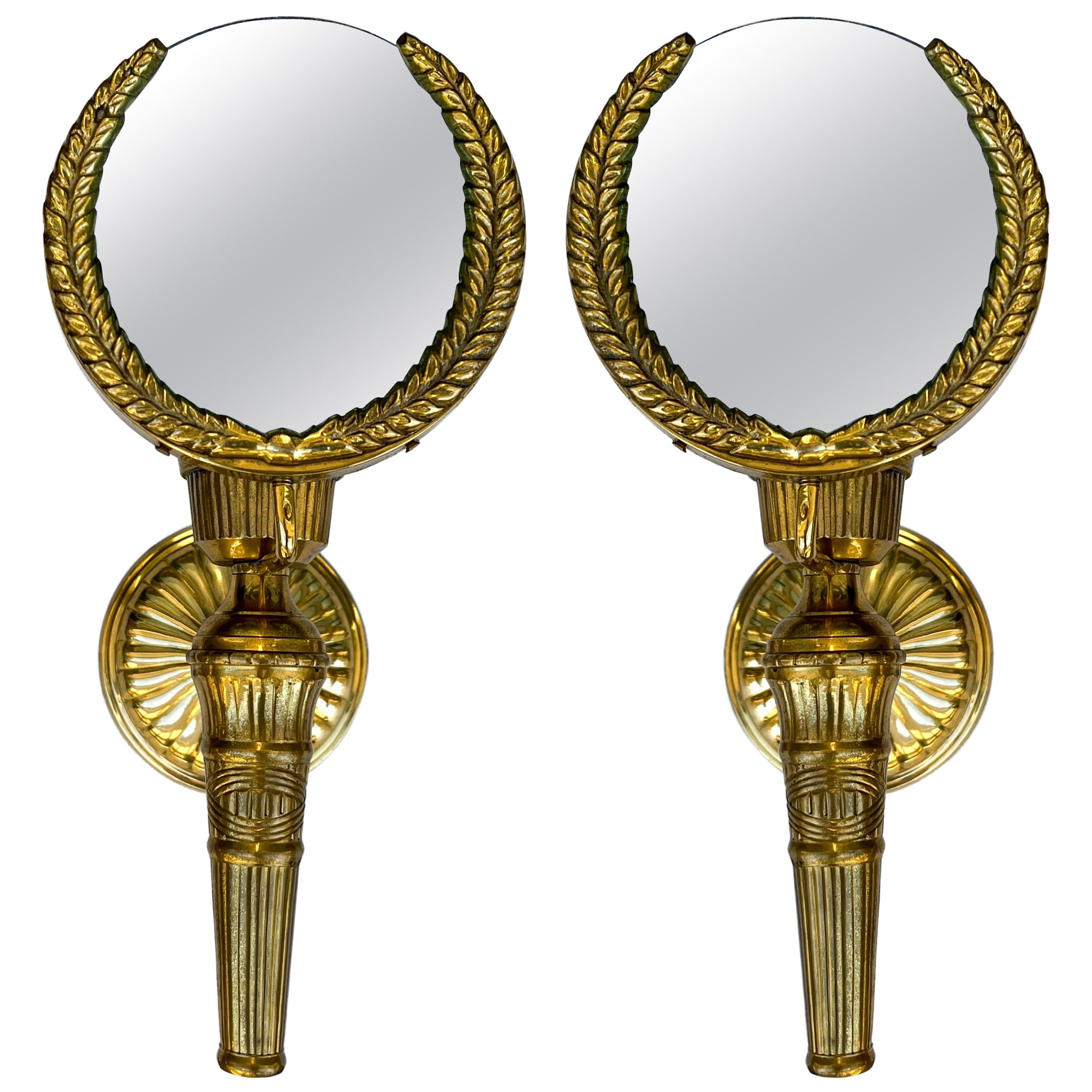 Mid-Century Neo- Classical Style Cast Brass Magnifying Glass Sconces, Pair