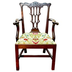 Fabulous Antique English Hand Carved Mahog, Chippendale Style Armchair W/Crewel