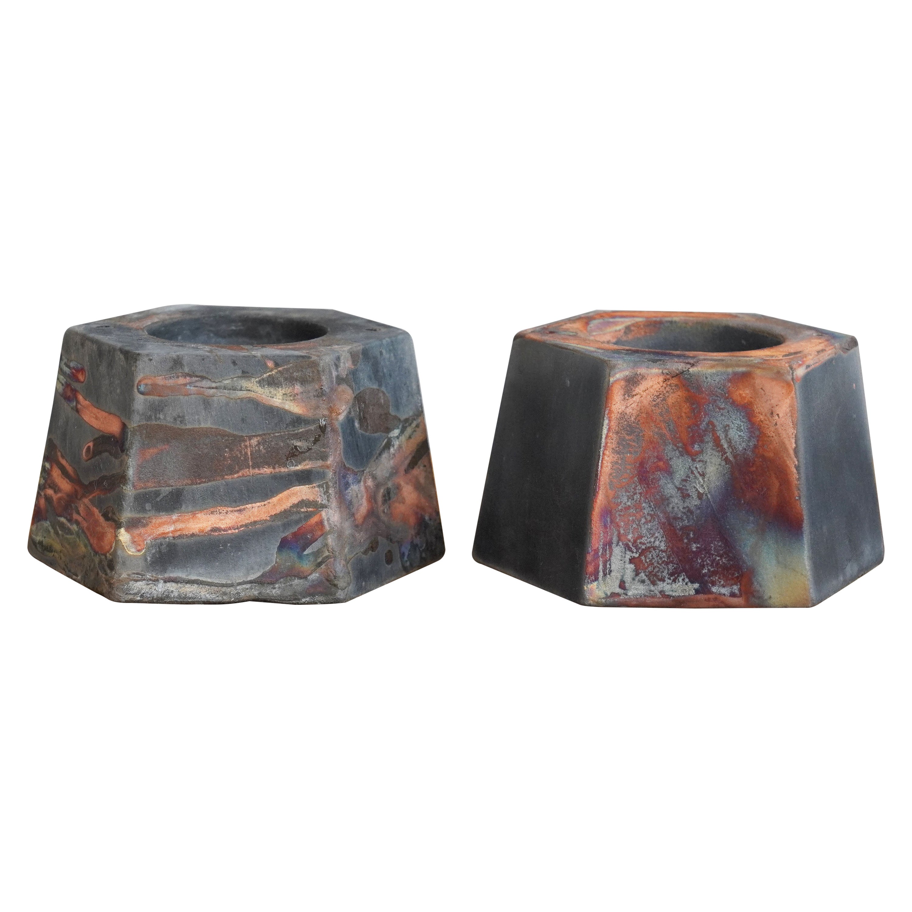 Keihatsu 2 Pack Raku Tealight Holder - Carbon Copper - Handmade Ceramic Decor en vente