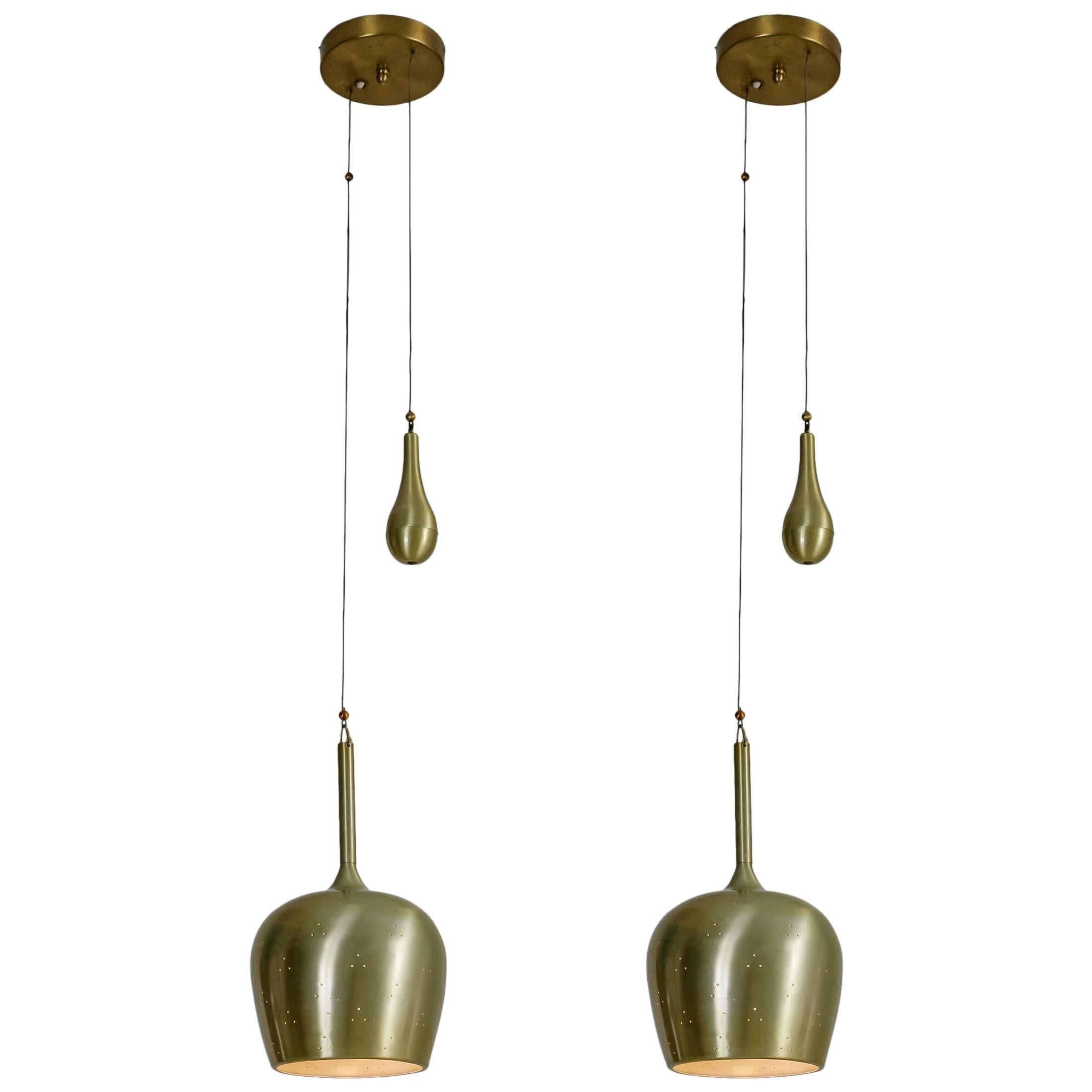 Pair Paavo Tynell Brass Brandy Snifter Shaped Pendant Lamps, Finland, 1950s For Sale