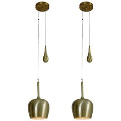 Pair Paavo Tynell Brass Brandy Snifter Shaped Pendant Lamps, Finland, 1950s