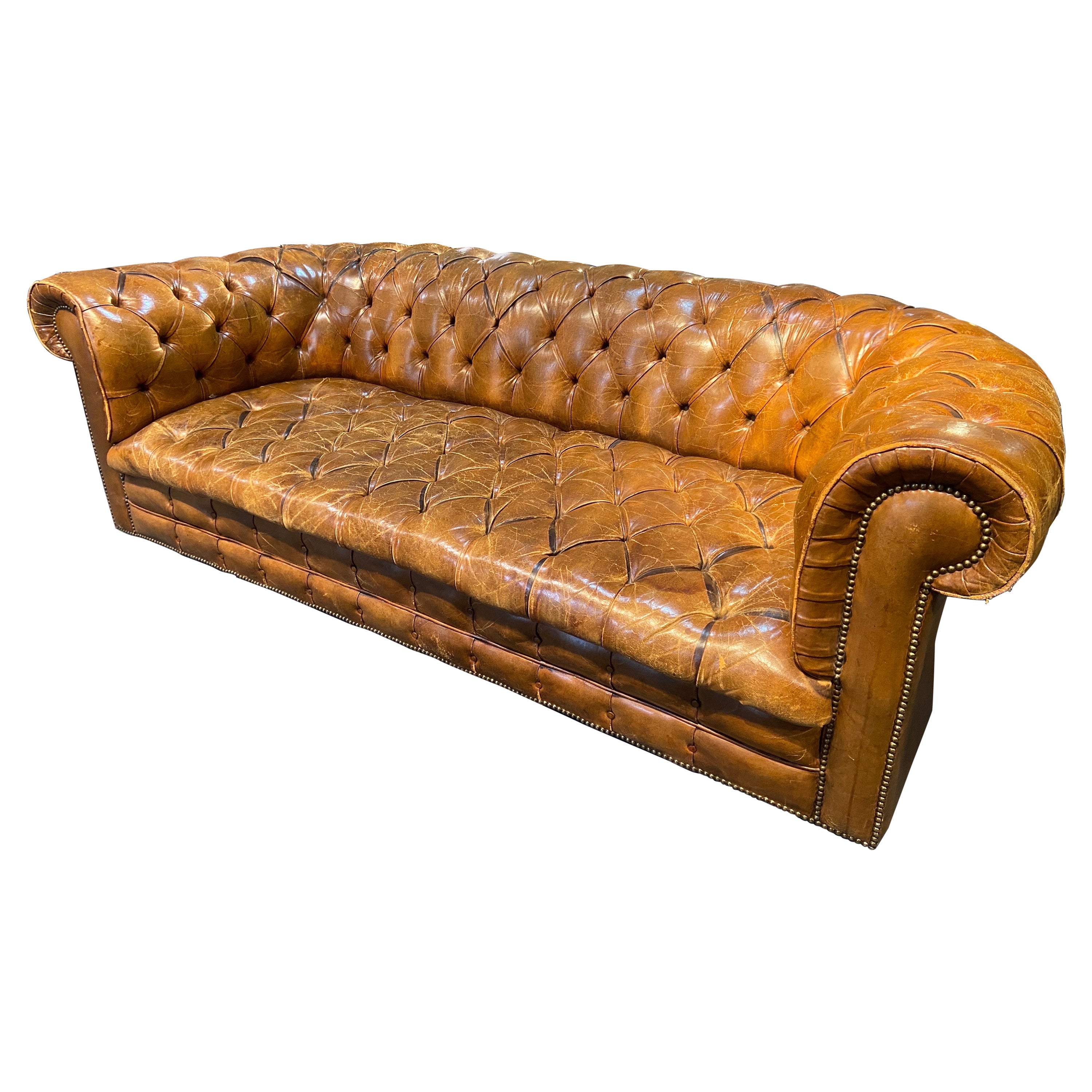 20th Century, Authentic Brown Leather Chesterfield on Castors Made in England For Sale