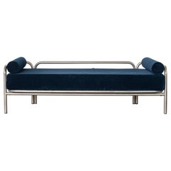Locus Solus Day Bed by Gae Aulenti, Chromed Metal, Blue Cushions, 1970s