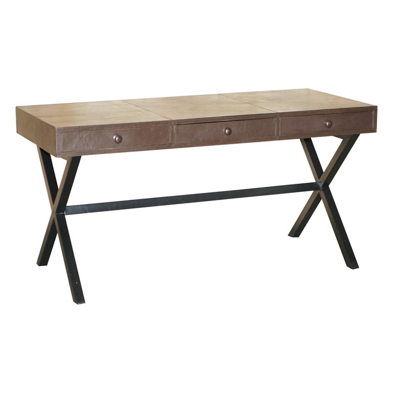 LOVELY LARGE BROWN LEATHER HAND STiTCHED THREE DRAWER TRESTLE WRITING TABLE DESK For Sale at 1stDibs
