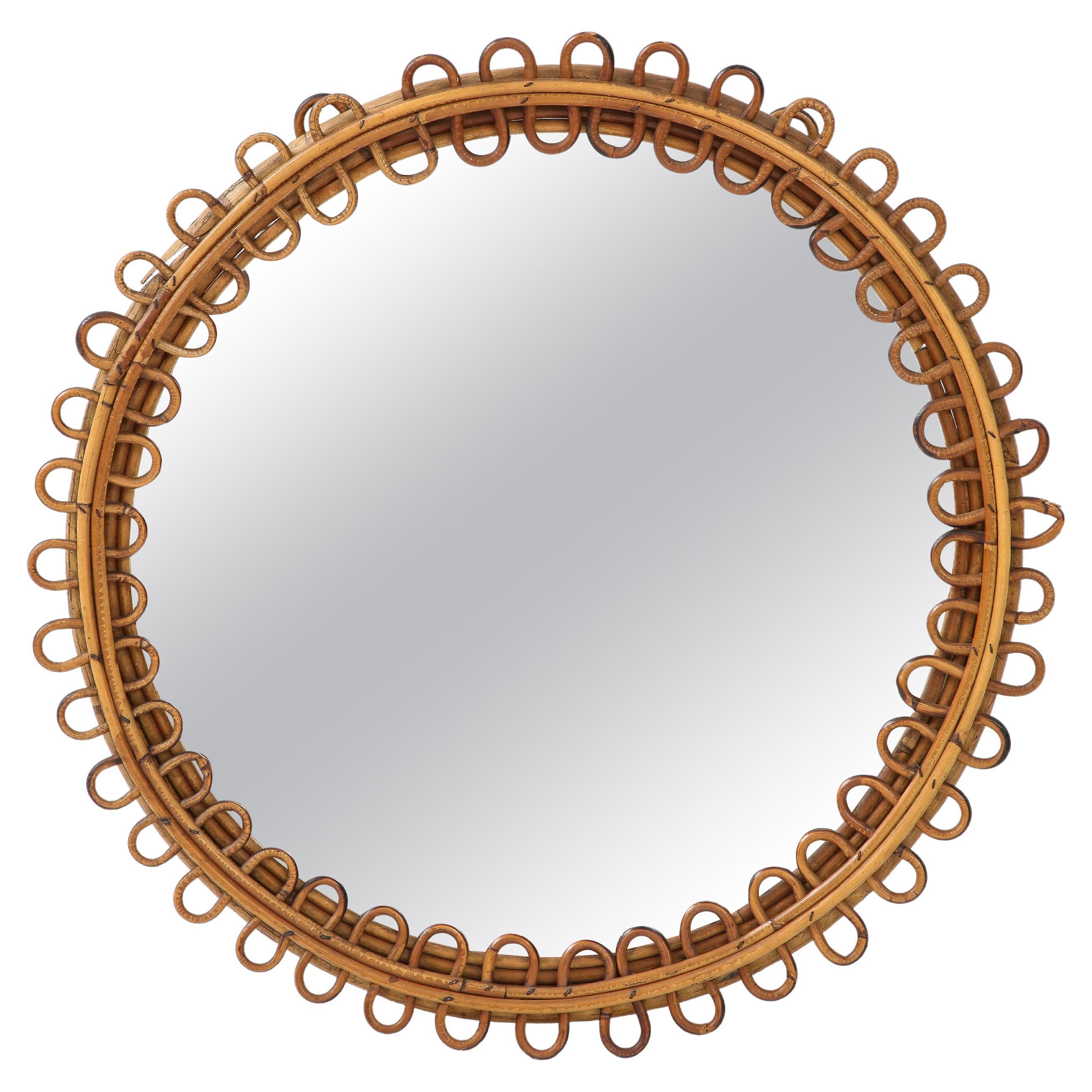 1950s Italian Round Bamboo and Rattan Wall Mirror For Sale