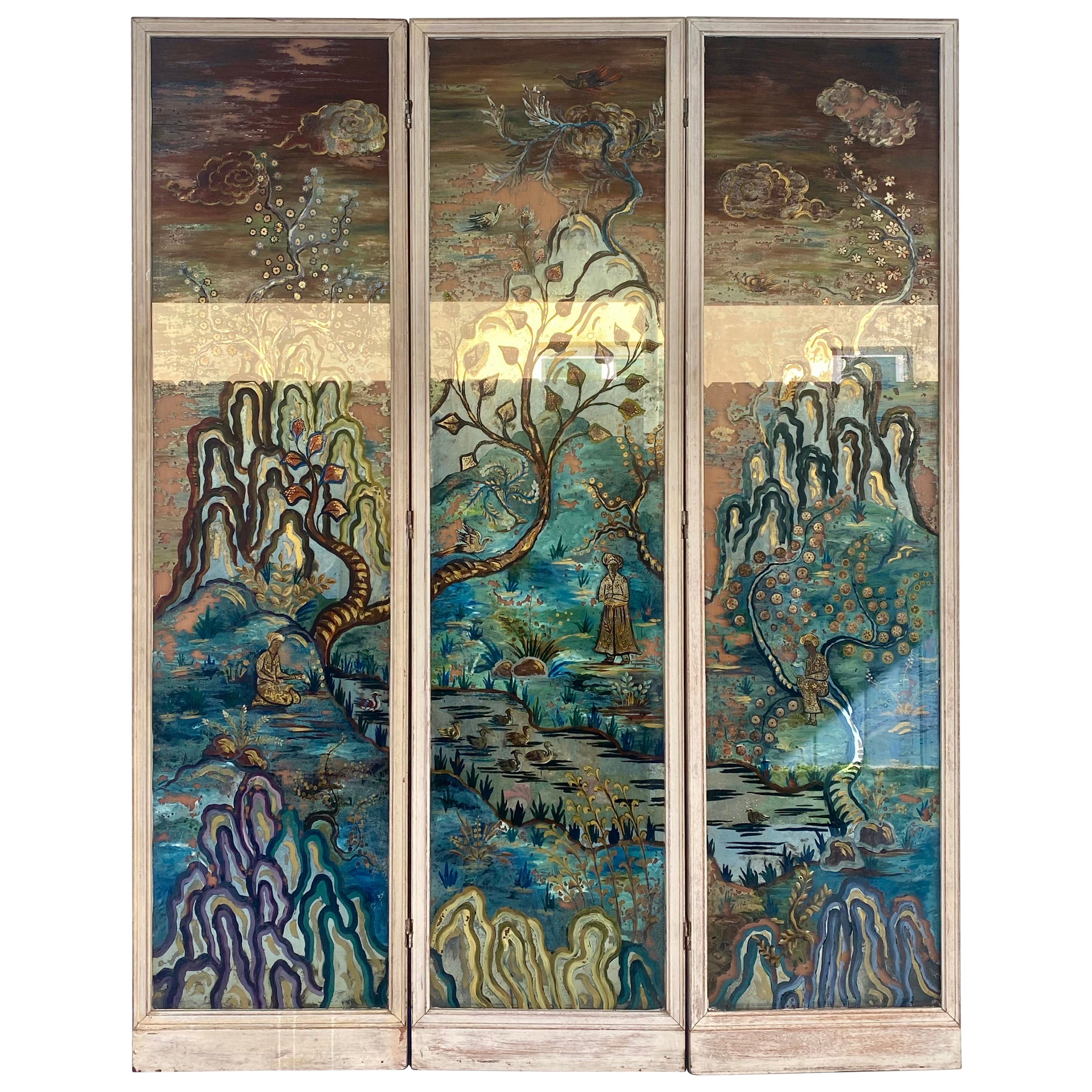 1950's Monumental Reverse Chinoiserie Painted Mirrored Panels Screen Divider 