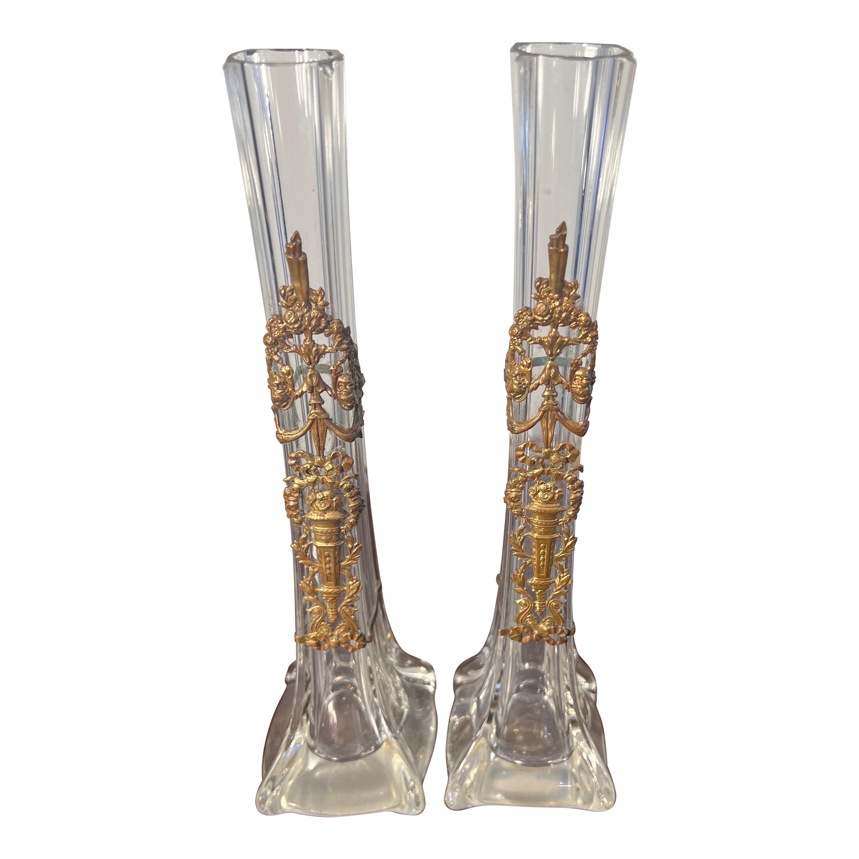 Antique pair of single flower vases by baccarat  For Sale