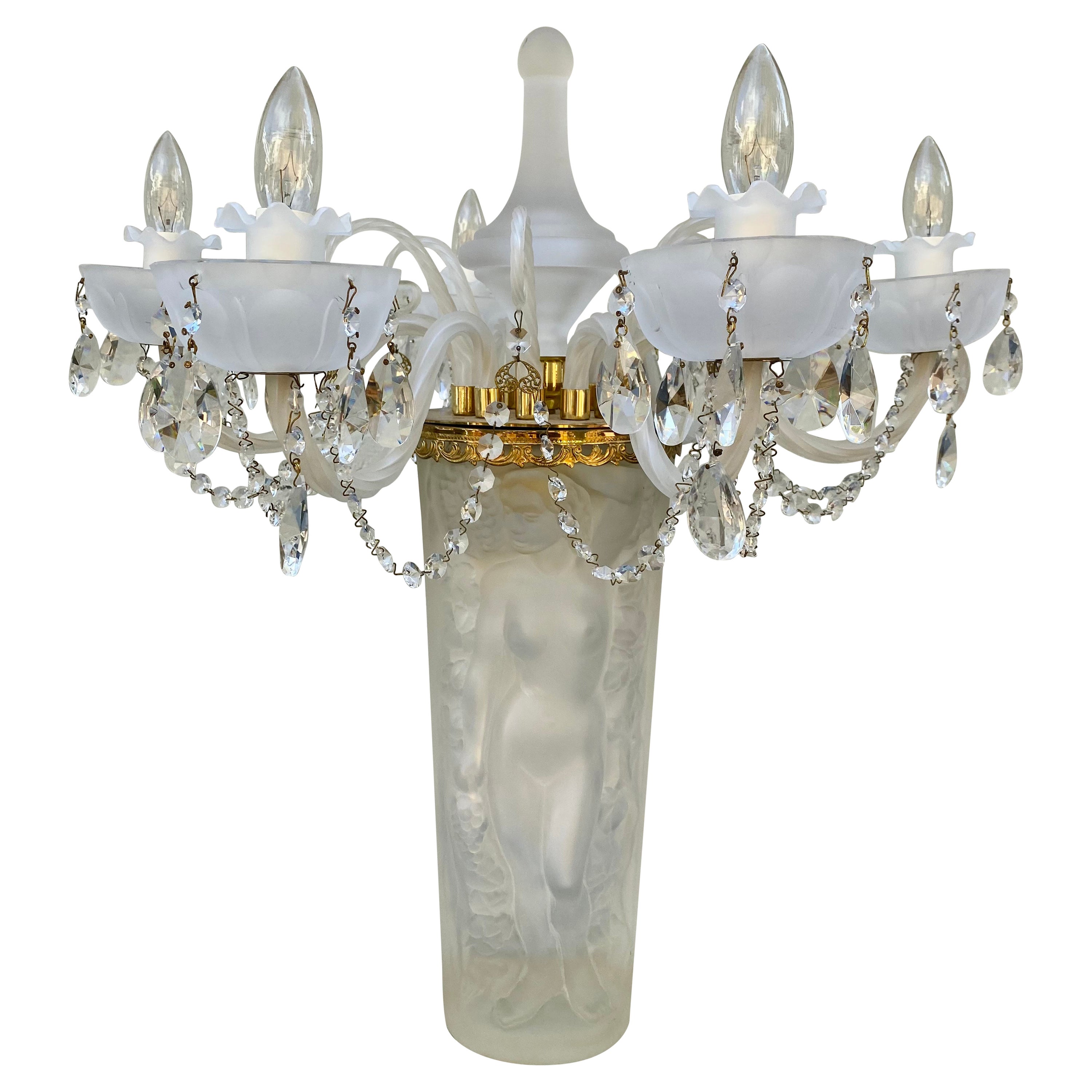 1970s Lalique Style Crystal and Brass Bacchante Figurative Chandelier Table Lamp For Sale