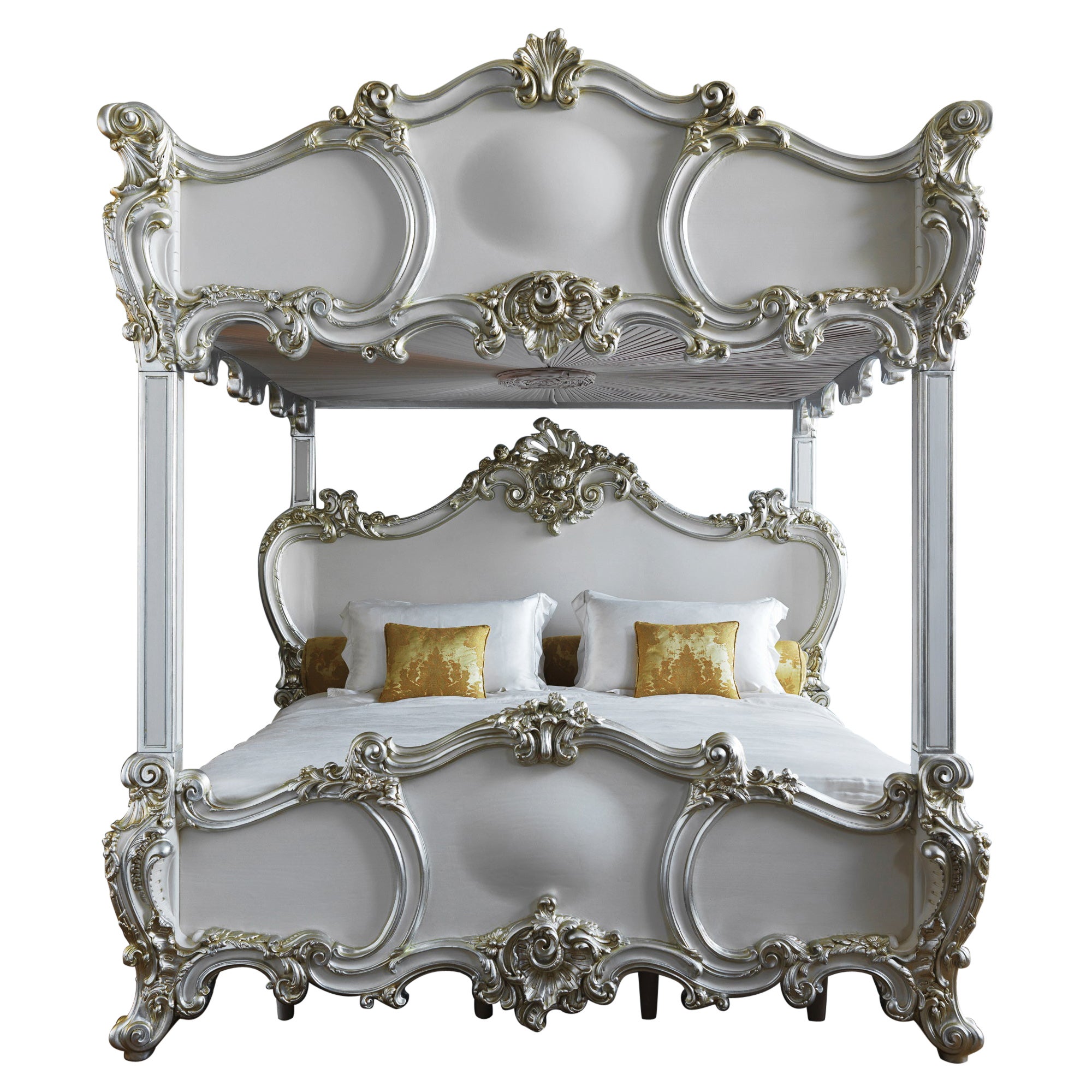Unique Rococo Style Finely Carved 4 Poster/Bunk Bed With Silver Gilt wood  For Sale