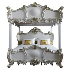 Unique Rococo Style Finely Carved 4 Poster/Bunk Bed With Silver Gilt wood 